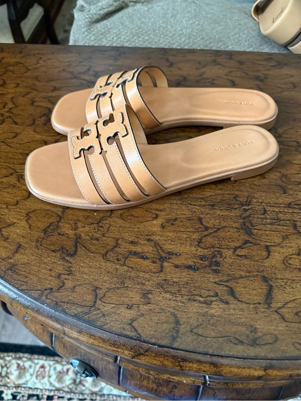 Tory Burch Cognac Leather Double-Strap Logo Slide Sandals